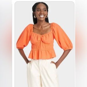 Orange Puff Sleeve Peplum Top